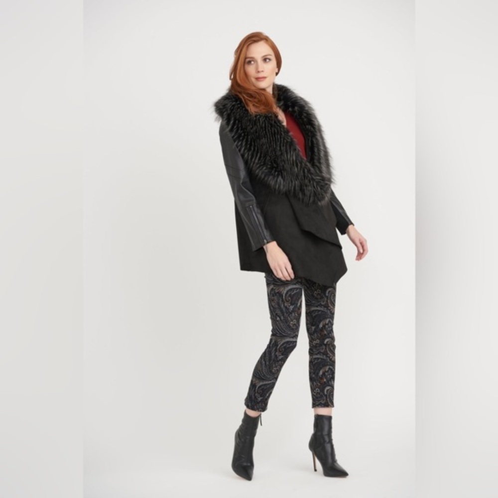 BNWOT Joseph Ribkoff Black Faux Fur Collar Waterfall Coat Jacket Size S/P - Picture 1 of 14
